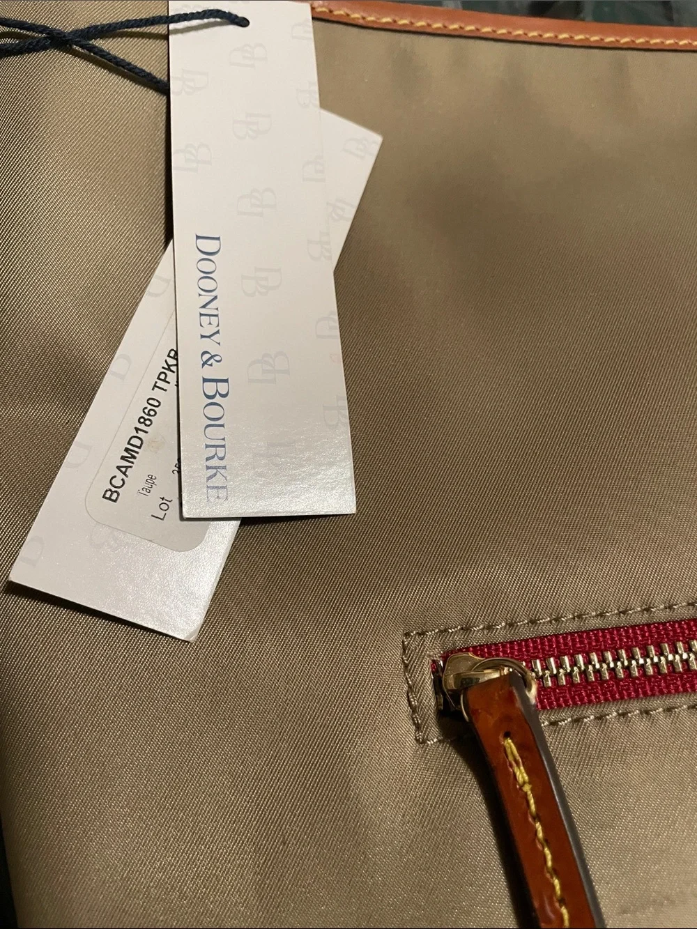 Dooney & Bourke Olive Nylon Crossbody with Tan Leather and Red Zip Trim